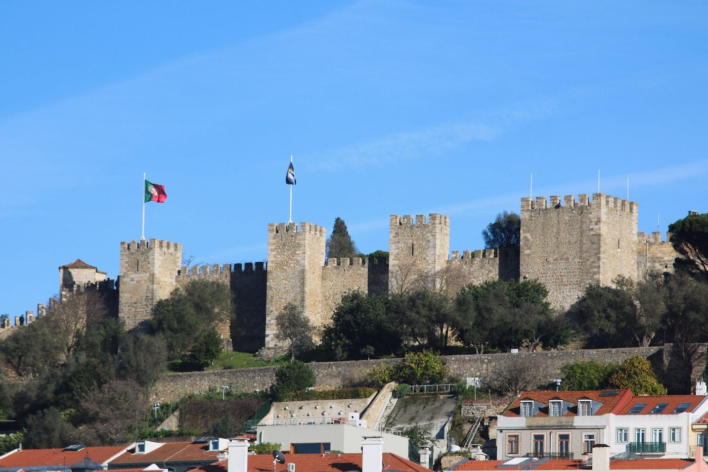 The castle on its hill, seen from the streets below